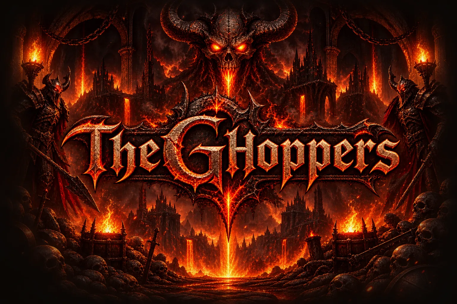A horned demon looming over a molten citadel, the name TheGHoppers forged in fire between two armoured sentinels